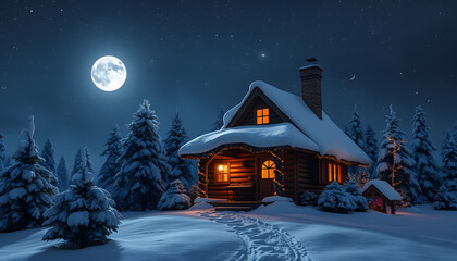 Wall Mural - Santa's secret cottage in magic moonlight isolated with white highlights, png