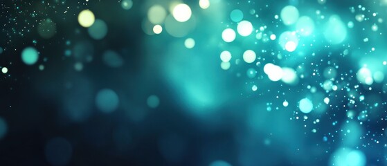 Wall Mural - Abstract teal bokeh background with glowing particles and blurred lights.