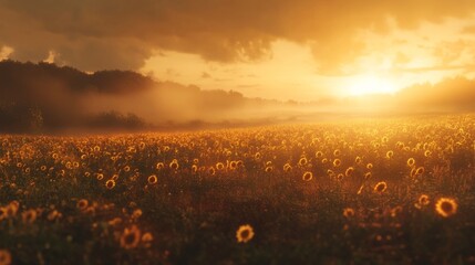 Poster - Serene Sunflower Field at Sunset with Dramatic Cloudy Sky