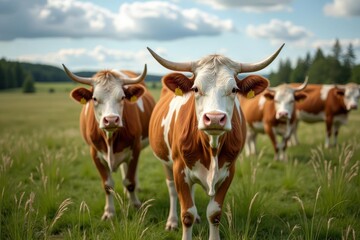 Sticker -  Peaceful pastoral scene with longhorned cattle in a lush field