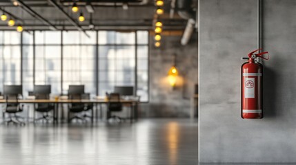 Wall Mural - Red fire extinguisher on wall in modern office.