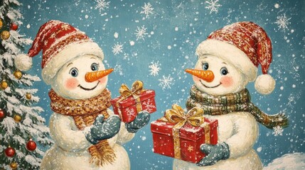 Wall Mural - Two cheerful snowmen exchange Christmas gifts near a decorated tree in a snowy winter scene.