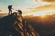 © ChaoticMind - Climbers extend a helping hand on a mountain ridge at sunset, illustrating themes of teamwork, support, and personal growth against a stunning natural backdrop.