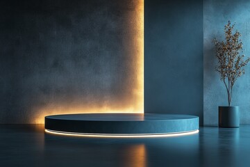 Poster - This circular platform features ambient lighting with a blue and gold backdrop, creating a calming and elegant presentation space in a modern setting.