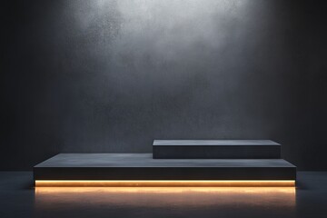 Aufkleber - A dark, minimalist pedestal designed with subtle integrated lighting effects that create a striking visual contrast in an empty, futuristic setting.