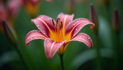 Wall Mural -  Raindrops on a vibrant lily a moment of natures serenity