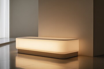 Aufkleber - A glowing rectangular bench with smooth edges sits at the intersection of two walls in a bright, softly lit space, ideal for modern interior design inspiration.