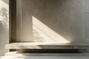Leinwandbilder - A sleek concrete shelf in a serene, minimalist setting, accented by gentle sunlight and shadows, evoking peace and contemporary aesthetic charm.