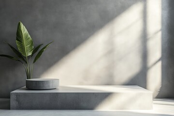 Aufkleber - A solitary green plant graces a minimalist concrete platform, bathed in radiant sunlight, embodying nature's beauty and calm in simplicity and modern design.
