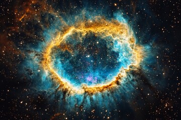 Poster - An awe-inspiring nebula with a vivid cosmic ring showcases the majestic beauty of space, teeming with colorful gases and stars that mesmerize and inspire wonder.