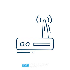 Poster - A simple line drawing of a wireless router with an antenna, symbolizing internet connectivity and technology.