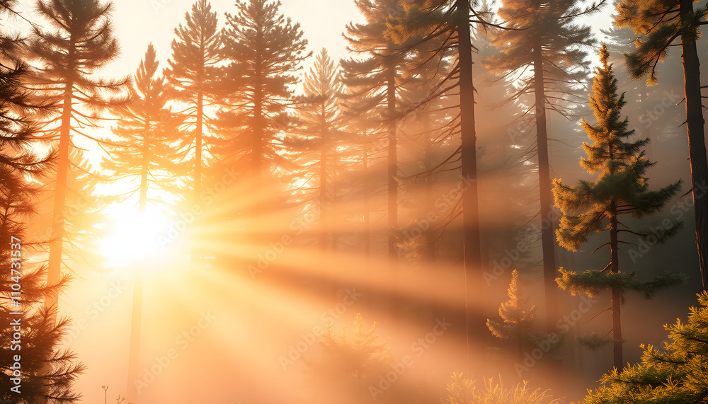 Fairytale woodland scenery. Misty pine forest with sun light rays and ...