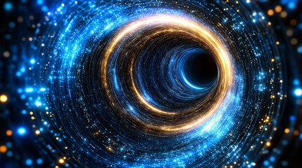 Wall Mural - cosmic vortex: a mesmerizing abstract image of a glowing blue and gold vortex swirling into a black 
