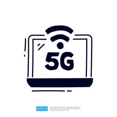 Poster - A graphic representation of a laptop displaying a 5G symbol, emphasizing modern connectivity and high-speed internet technology.