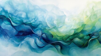 Poster - Abstract Waves of Blue and Green in Soft Ethereal Patterns