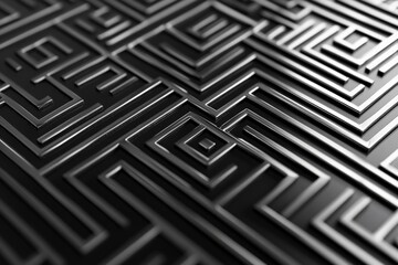 Poster - A close-up of an intricate black design resembling a labyrinth, featuring a modern, sleek, and complex 3D pattern that highlights texture and depth.