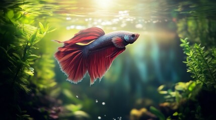 Poster - Colorful Betta Fish Swimming in Lush Aquatic Environment