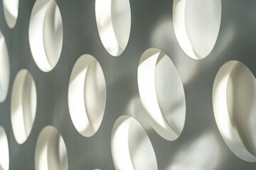 Aufkleber - This image captures a close-up of a sunlit wall with circular cutouts, creating a dynamic interplay of light and shadows that suggests depth and movement across the surface.