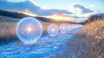 Poster - Glowing Network Spheres on Snowy Path at Sunset