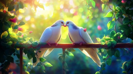 Poster - Two White Doves Nestled Together Under Bright Green Leaves