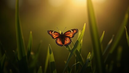 Wall Mural -  Butterfly in the sunlit grass