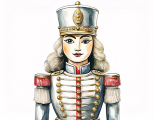 Wall Mural - A festive Nutcracker doll with a cheerful expression, dressed in a sparkling uniform and a tall hat, ready to lead the Christmas dance