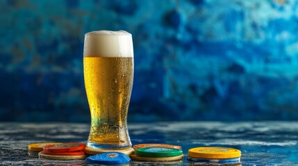 Poster - Refreshing Beer in a Tall Glass with Colorful Coasters Nearby