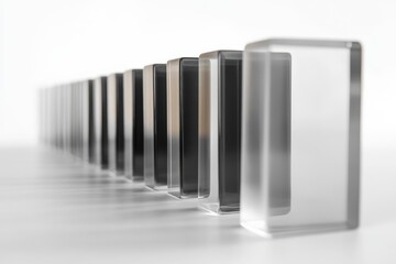 Poster - Gradient glass blocks arranged in sequence, capturing and refracting light in elegant ways, noticeable for their monochrome spectrum and sleek, modern design.