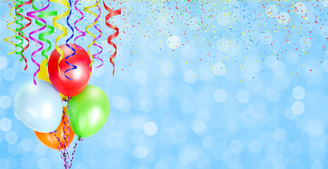 Aufkleber - Blue blurred background with balloons and different colored confetti and streamers for party time. Empty space for text