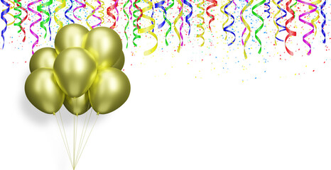 Aufkleber - Bunch of golden or yellow balloons on white background with confetti. Empty space for text. 3d rendering