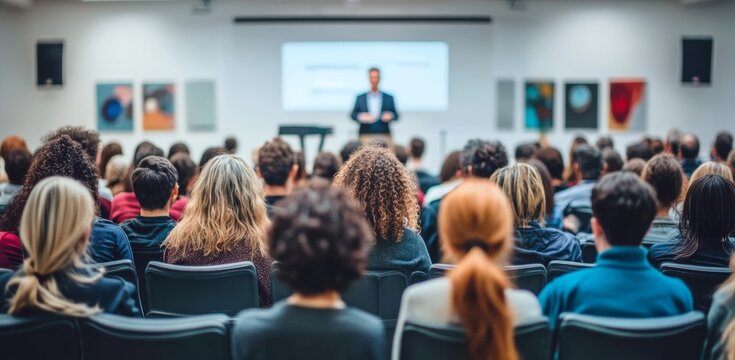 male speaker presenting at university workshop in lecture hall with engaged audience