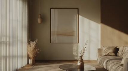 Wall Mural - Sunlit minimalist living room with beige sofa, artwork, and dried flowers.