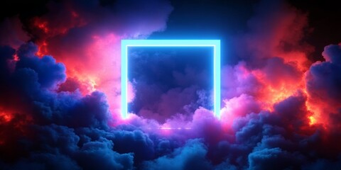 Poster - Neon Square Frame Surrounded by Vibrant Colorful Clouds in Futuristic Ethereal Sky