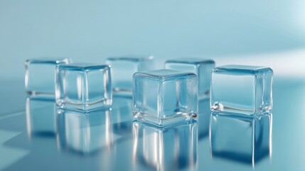 Poster - Clear Ice Cubes Glimmering on Smooth Surface with Soft Blue Background