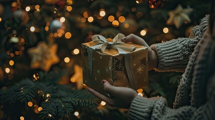 Wall Mural - A gift being opened by a child near a Christmas tree.