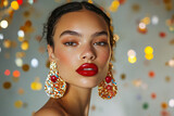 Portrait of beautiful young woman with bright make-up and earrings. Christmas and New Year party	