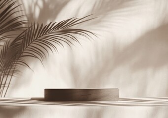 Poster - Minimalist Podium Display for Beauty Products on Soft Beige Pastel Background with Palm Leaf Shadow