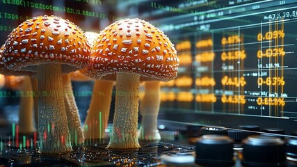 Poster - Colorful mushrooms growing on a circuit board with digital displays in a modern laboratory setting
