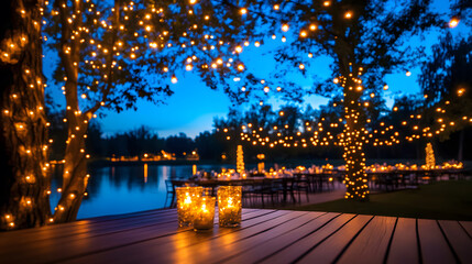Poster - A serene outdoor setting illuminated by fairy lights, with a calm water view and a cozy atmosphere perfect for gatherings