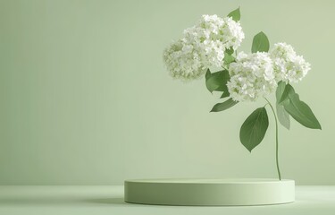 Poster - Minimalist Green Podium with White Hydrangea Flower Against Pastel Background for Beauty and Cosmetic Display