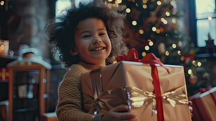 A child holding a large Christmas gift with excitement.