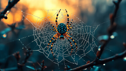 spider web delicately covered in glistening water droplets, symbolizing fragility, interconnectedness, and the beauty of resilience in nature's intricate designs