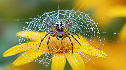 spider web delicately covered in glistening water droplets, symbolizing fragility, interconnectedness, and the beauty of resilience in nature's intricate designs