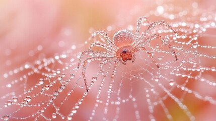 spider web delicately covered in glistening water droplets, symbolizing fragility, interconnectedness, and the beauty of resilience in nature's intricate designs