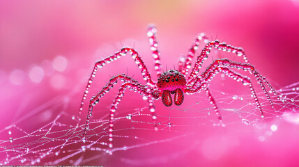 spider web delicately covered in glistening water droplets, symbolizing fragility, interconnectedness, and the beauty of resilience in nature's intricate designs