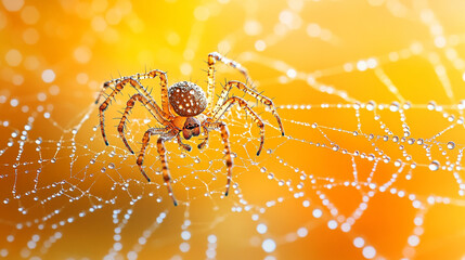 spider web delicately covered in glistening water droplets, symbolizing fragility, interconnectedness, and the beauty of resilience in nature's intricate designs
