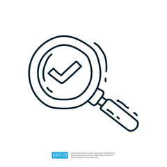 Poster - A simple line drawing of a magnifying glass with a checkmark inside, symbolizing verification or approval.