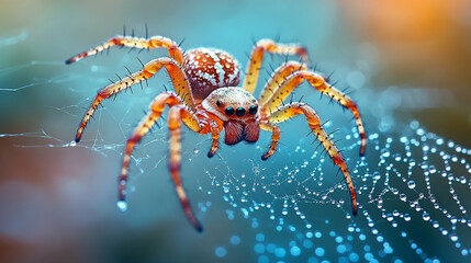 spider web delicately covered in glistening water droplets, symbolizing fragility, interconnectedness, and the beauty of resilience in nature's intricate designs