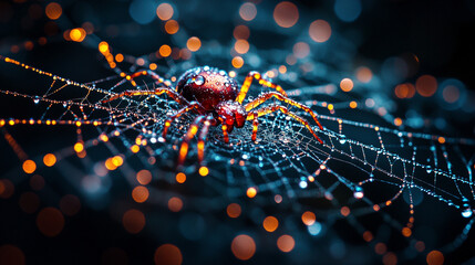spider web delicately covered in glistening water droplets, symbolizing fragility, interconnectedness, and the beauty of resilience in nature's intricate designs