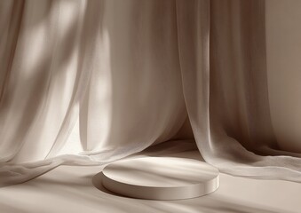 Aufkleber - Minimalist 3D Display Podium with Sheer Curtains and Natural Leaf Shadows for Beauty Cosmetic Promotion